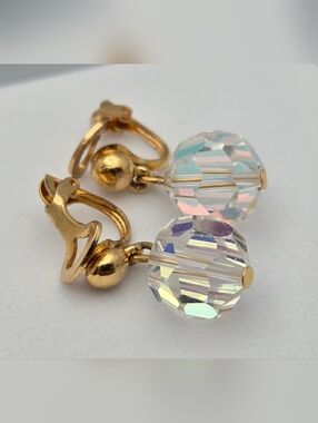 Aurora Borealis Crystal Clip-On Earrings Gold Tone Patented Iridescent Dangle AB